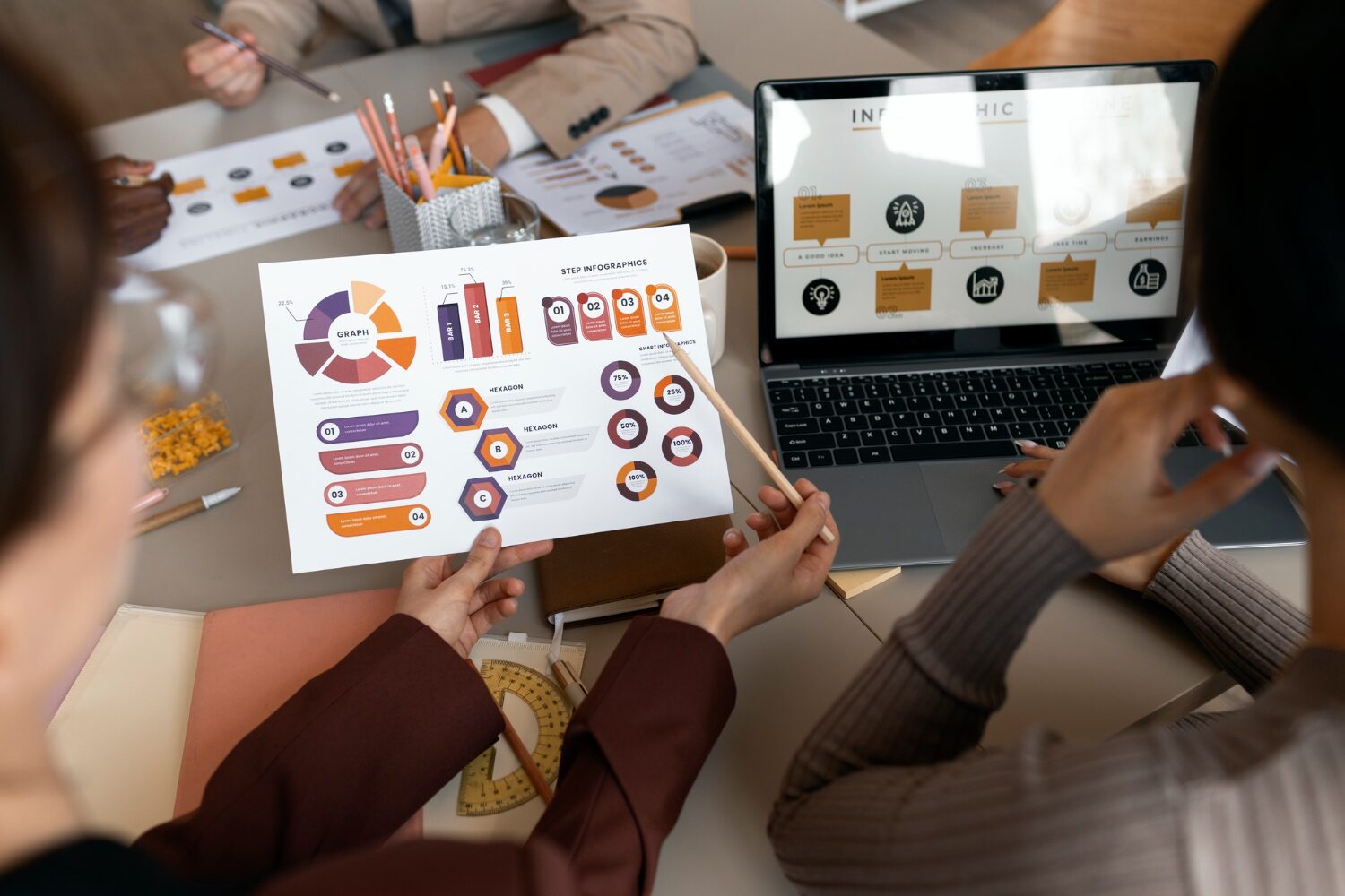 Marketing operators collaborating on strategy